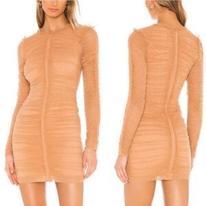 NBD Las Olas Long Sleeve Mini Dress Nude Ruched Mesh Heart XS